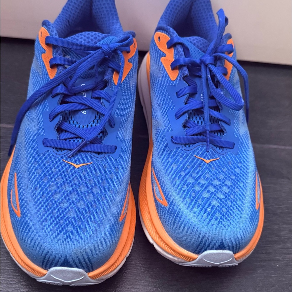 New Hoka Clifton Dynamic Blue and Orange Sneakers